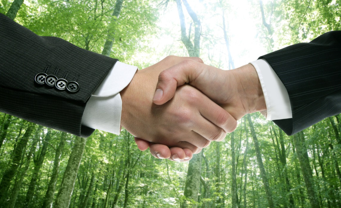 Ecological handshake businessman in a forest green background