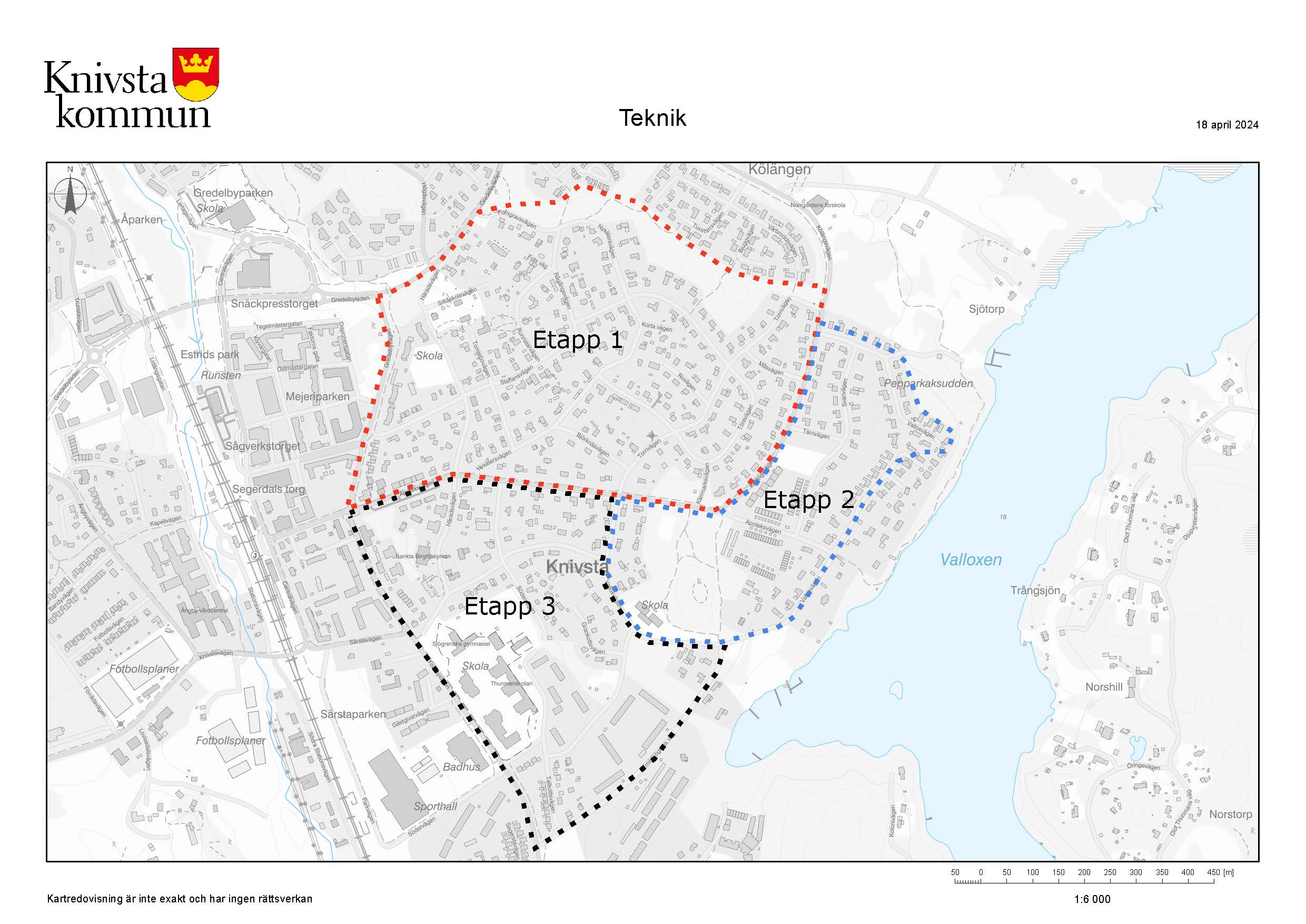 Kartan visar de tre etapperna för belysningsarbetena. Etapp 1 inkluderar området innanför vägarna Gredelbyvägen, Gredelbyleden, Forngravsvägen/Nysätersvägen och Apoteksvägen. Etapp 2 omfattar området söder om Apoteksvägen ned mot Valloxen. Etapp 3 är området kring Thunmanskolan ovanför Forsbyvägen