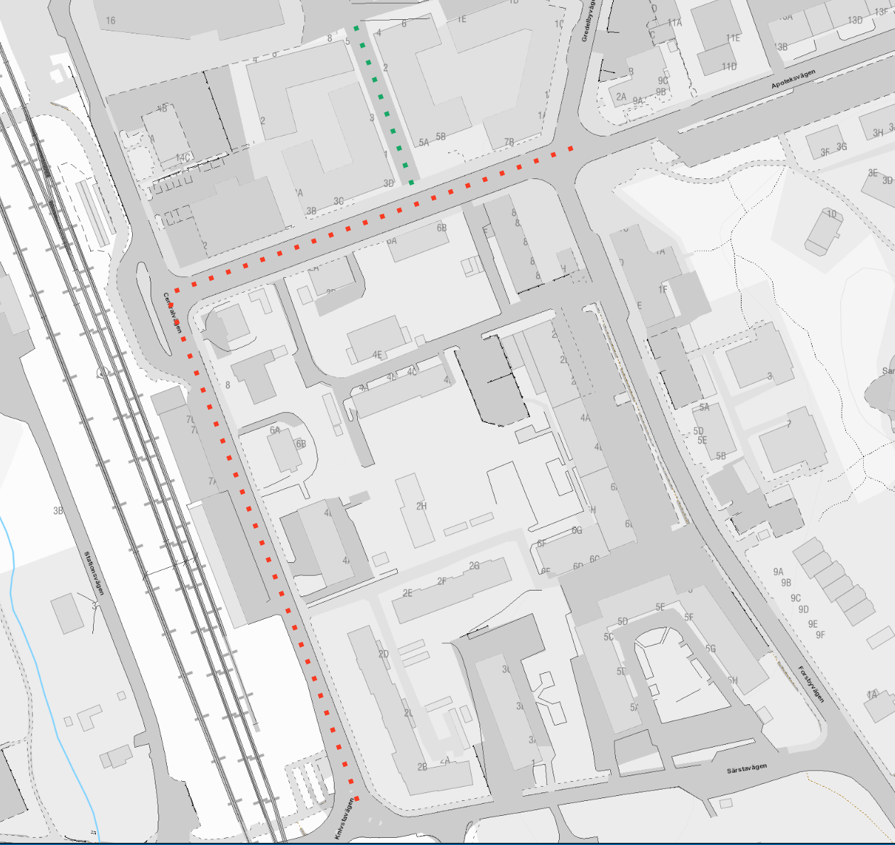 Karta över centrala Knivsta. Längs Centralvägen och Apoteksvägen går en röd streckad linje. Biblioteksgränd är markerad med en grön streckad linje.