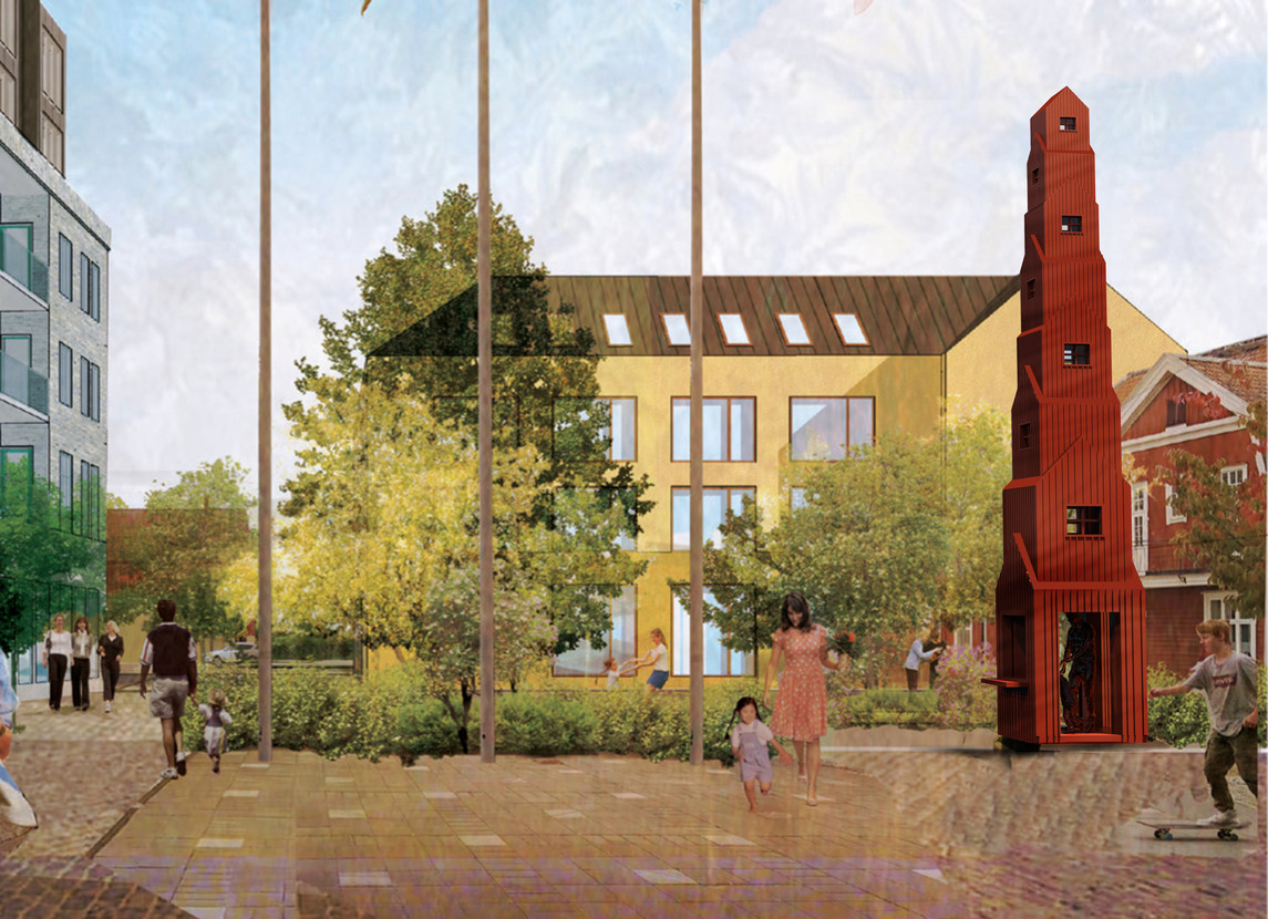 Tecknad illustration framtida kvarter Segerdal med faluröd Kiosk Obelisk