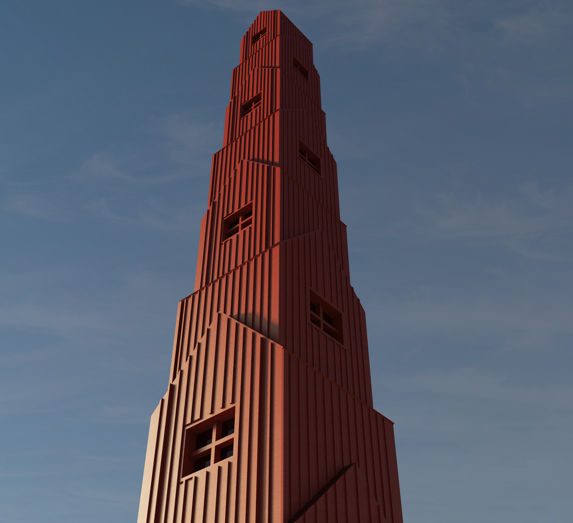 Övre delen av Kiosk Obelisk mot blå himmel