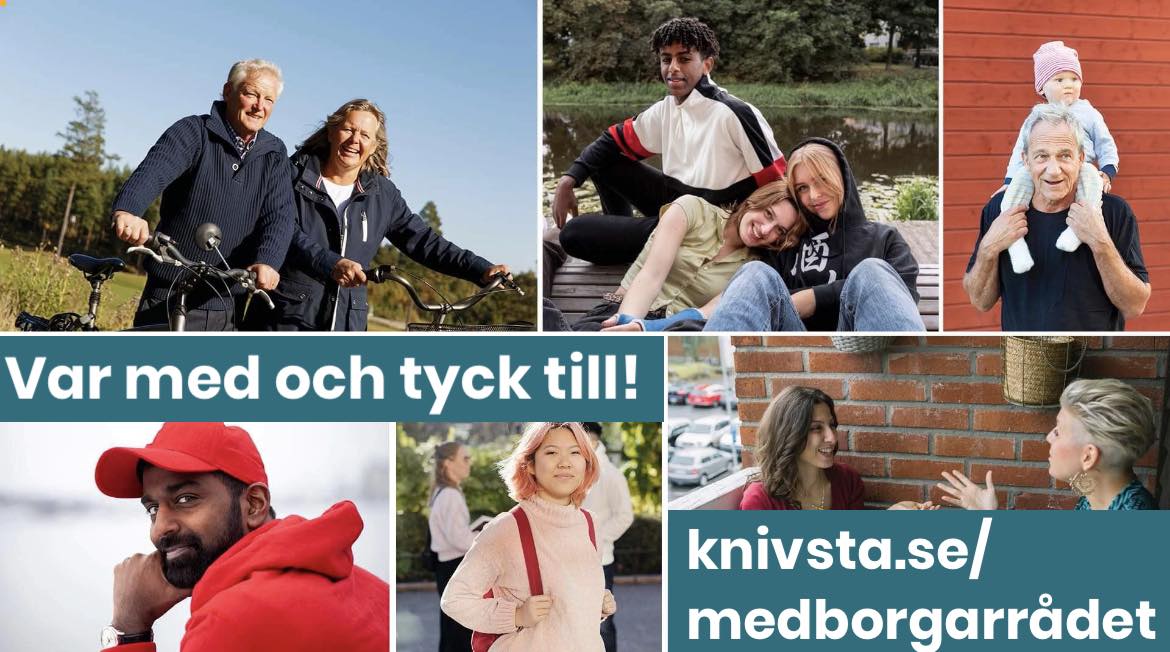 bilder på människor med olika åldrar och bakgrund i ett kollage. Text Var med och tyck till! knivsta.se/medborgarrådet