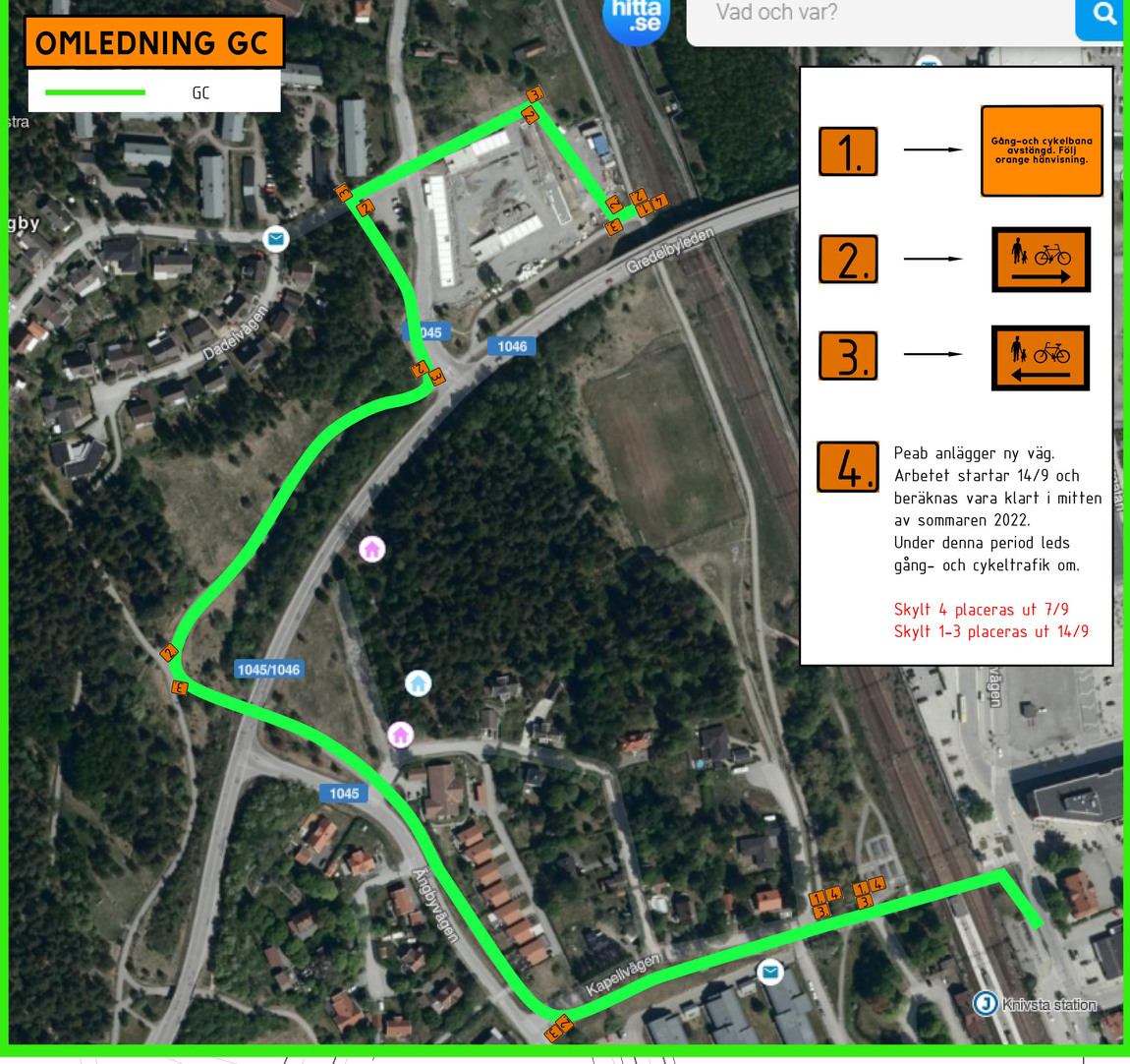 Karta över Centrala Ängby med grön markering som visar omledning av gång- och cykelvägav