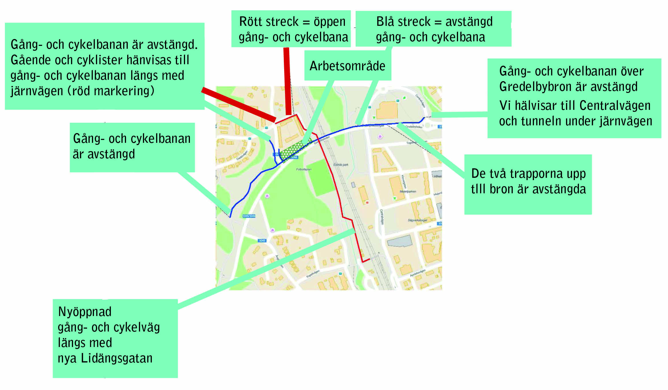 Karta över avstängning gång och cykelbana