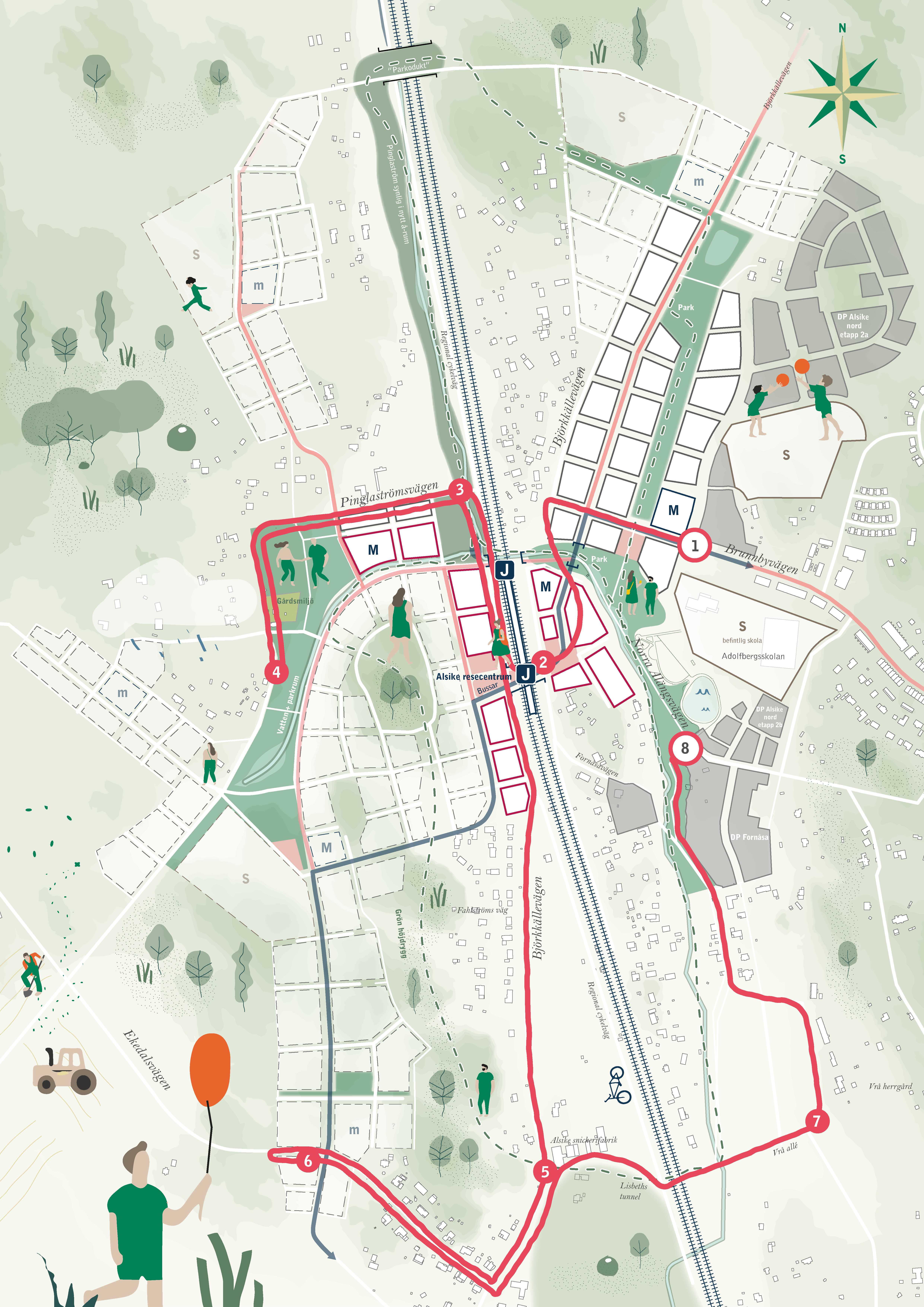 Karta över promenaden i Alsike stationssamhälle