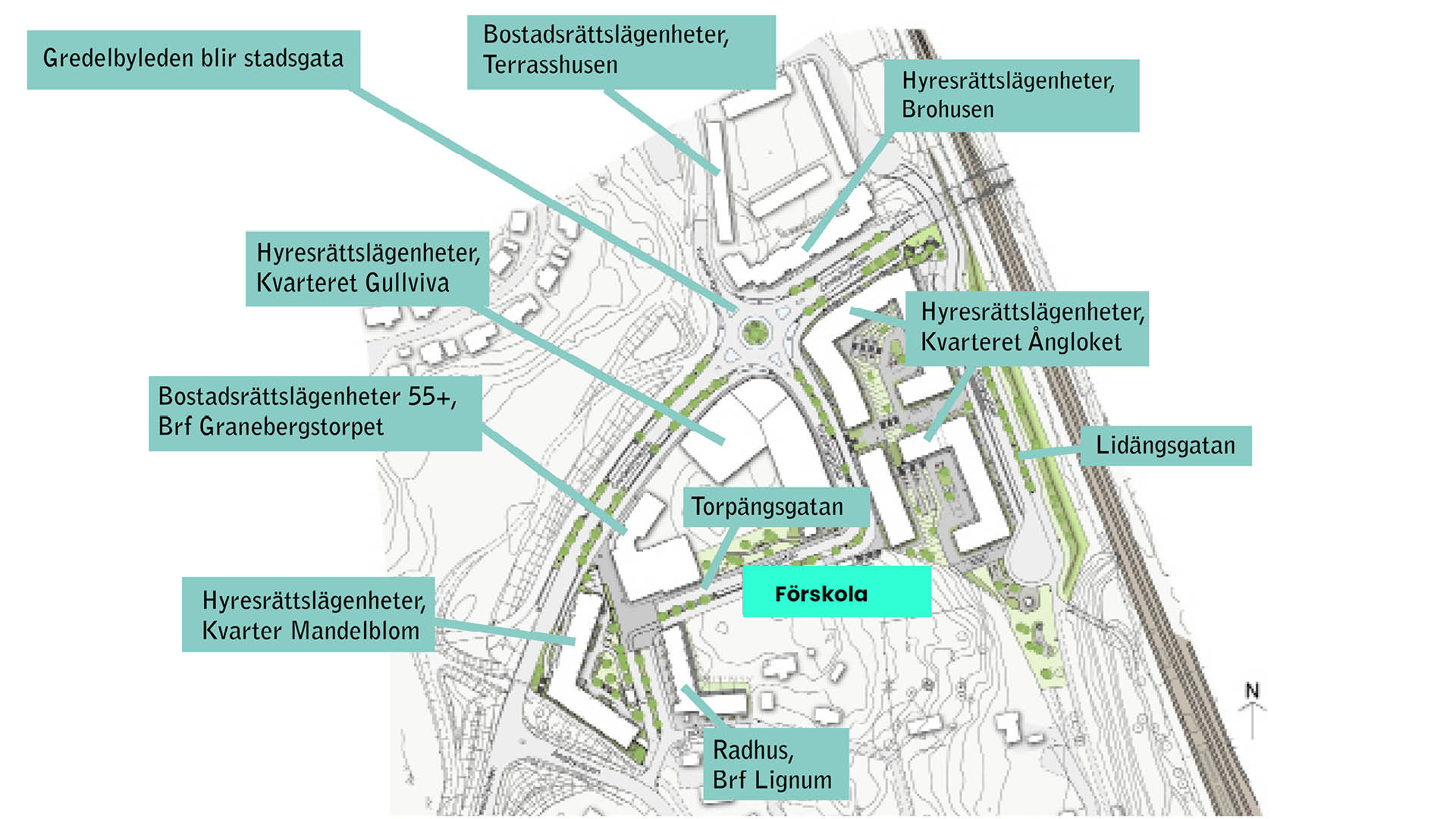 Karta över planerad och pågående byggnation av bostäder och service i Centrala Ängby